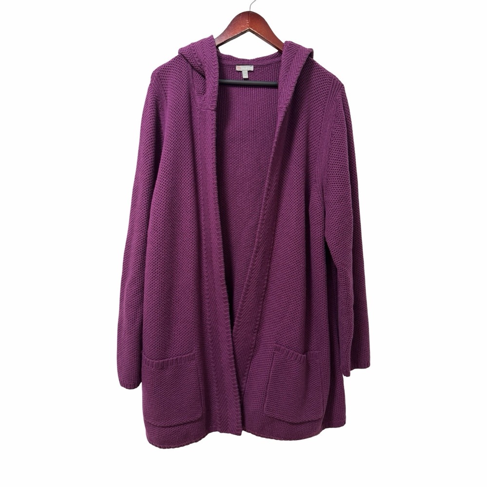 Talbots Textured Cotton Wool Open Hooded Cardigan Size 2X Purple Chunky Knit
